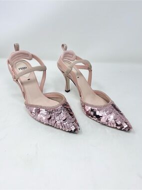 Fendi Colibri Pink Sequin Beaded Pointed Toe Pump Sling Back size 37 EU 7 US
